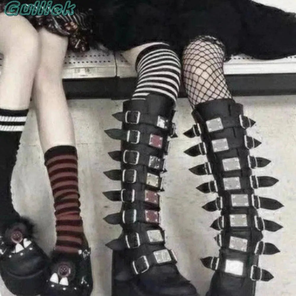Gullick Punk Y2K Boots Platform Round Toe Colorful Knee-High Shoes Thick Heel Cover Heel Mental Buckle Long Boots New Fashion - Tophatter Daily Deals