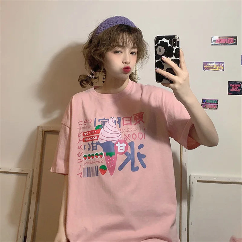 Harajuku Short Sleeve T-shirt Top Japanese Pastel Pink White Ice Cream Food - Tophatter Daily Deals