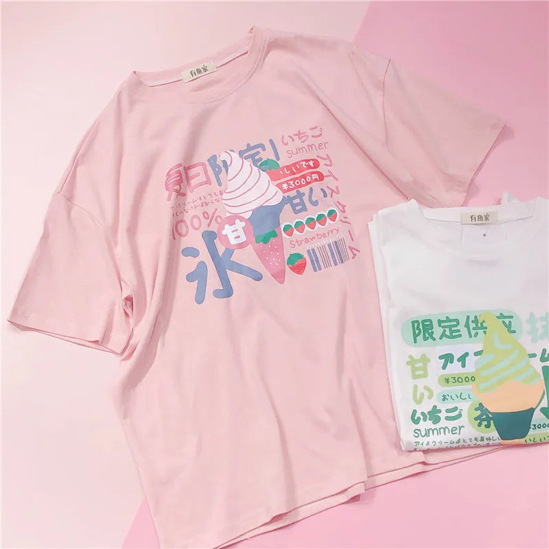 Harajuku Short Sleeve T-shirt Top Japanese Pastel Pink White Ice Cream Food - Tophatter Daily Deals