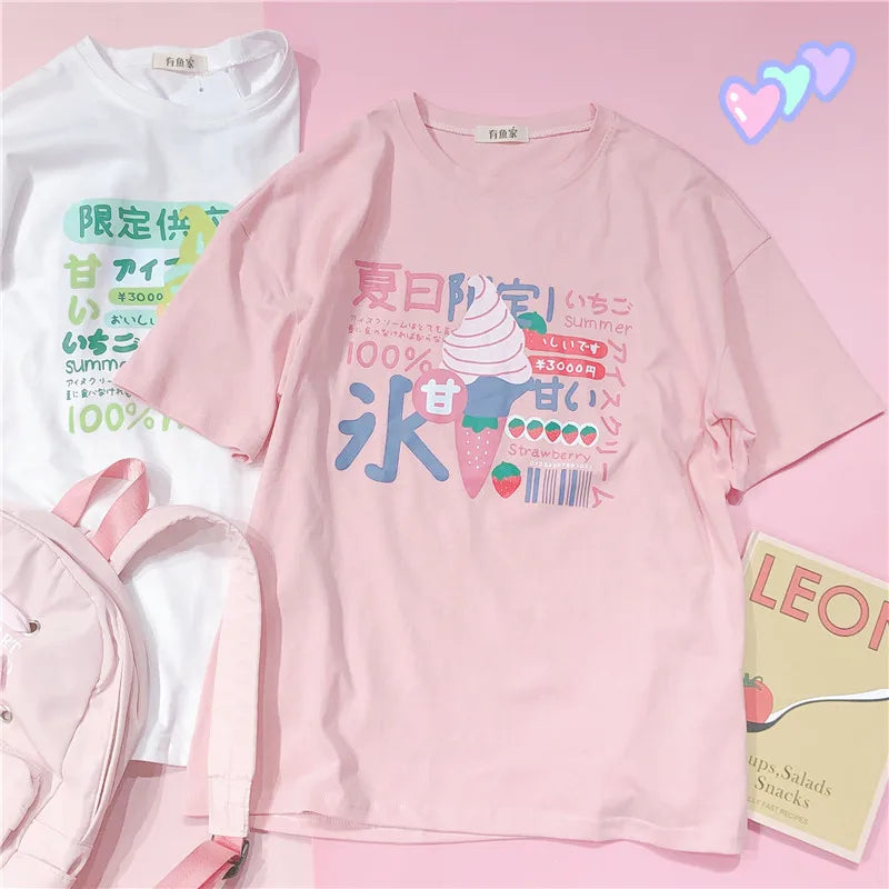 Harajuku Short Sleeve T-shirt Top Japanese Pastel Pink White Ice Cream Food - Tophatter Daily Deals