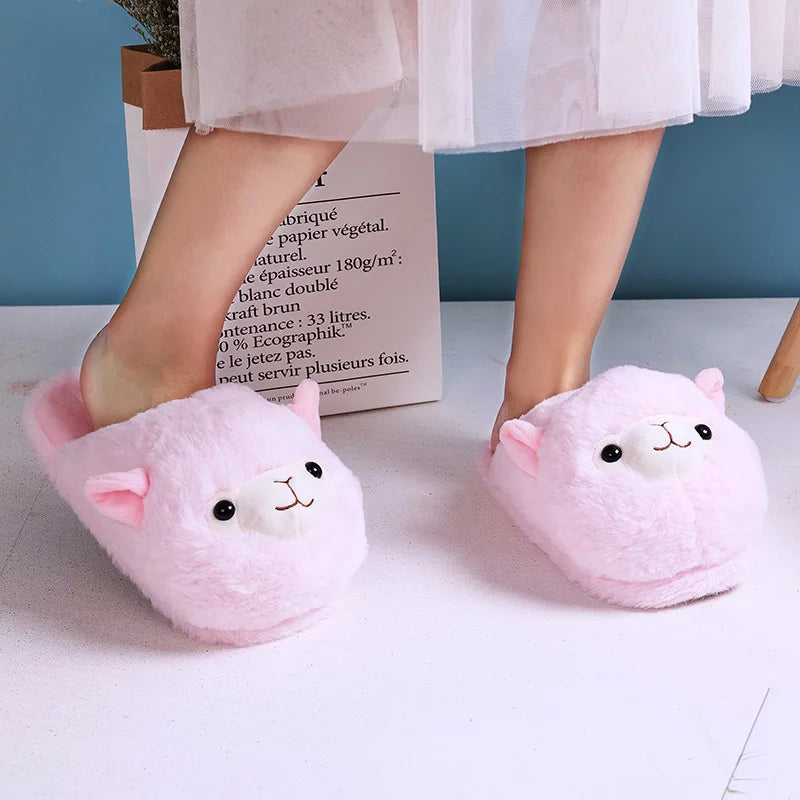Fuzzy Slippers Plush Warm Shoes Cute Alpaca Cozy Home Slides Pink Brown Multicoloured Animals - Tophatter Daily Deals