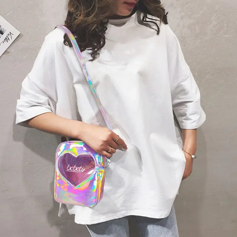 Irridescent Holographic Crossbody Handbag Bag Heart Pink Lilac Glitter Outer Space - Tophatter Daily Deals