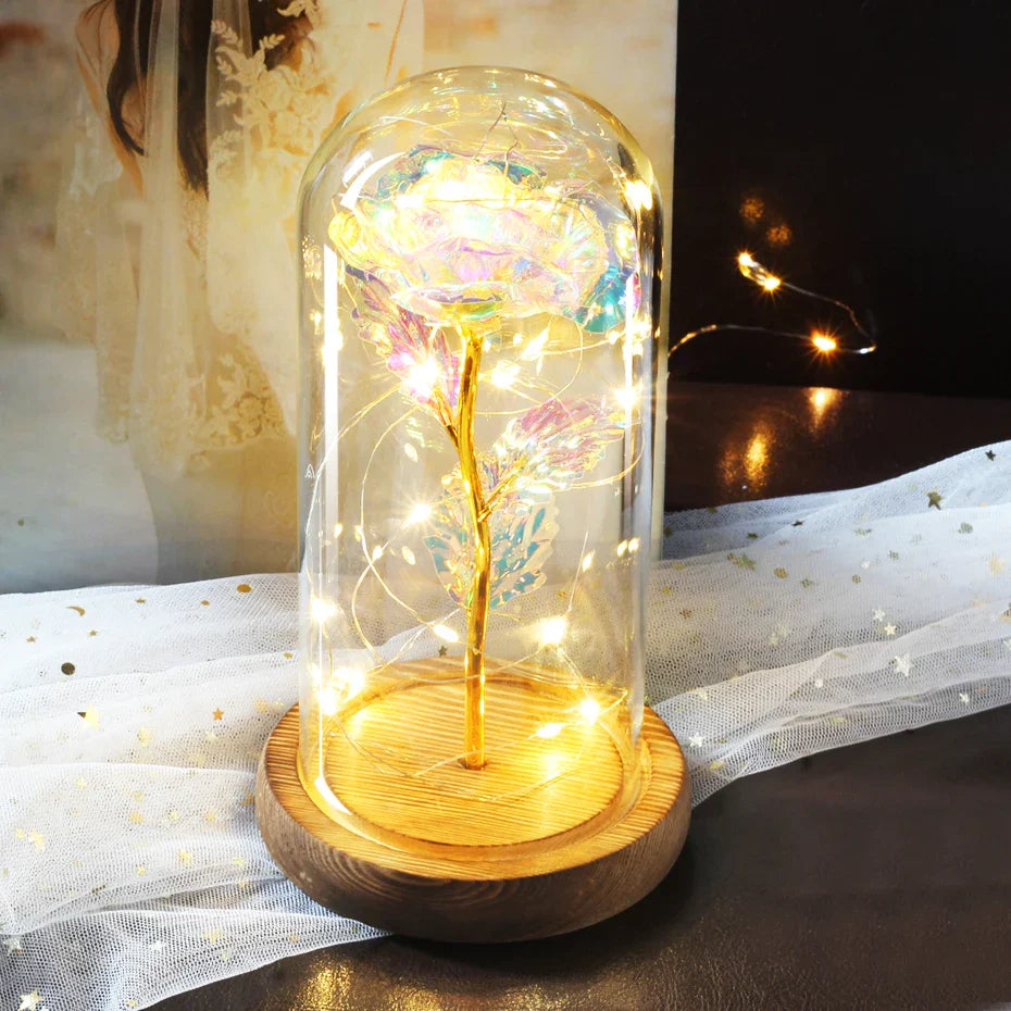 Beauty & The Beast Eternal Red Rose In Glass Dome with LED Lights Flowers - Tophatter Daily Deals