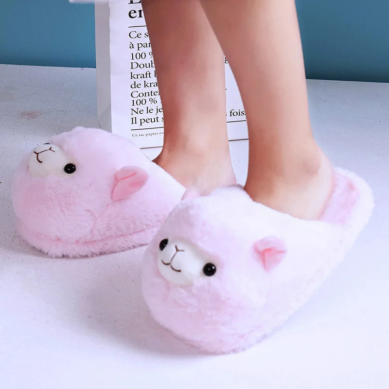 Fuzzy Slippers Plush Warm Shoes Cute Alpaca Cozy Home Slides Pink Brown Multicoloured Animals - Tophatter Daily Deals