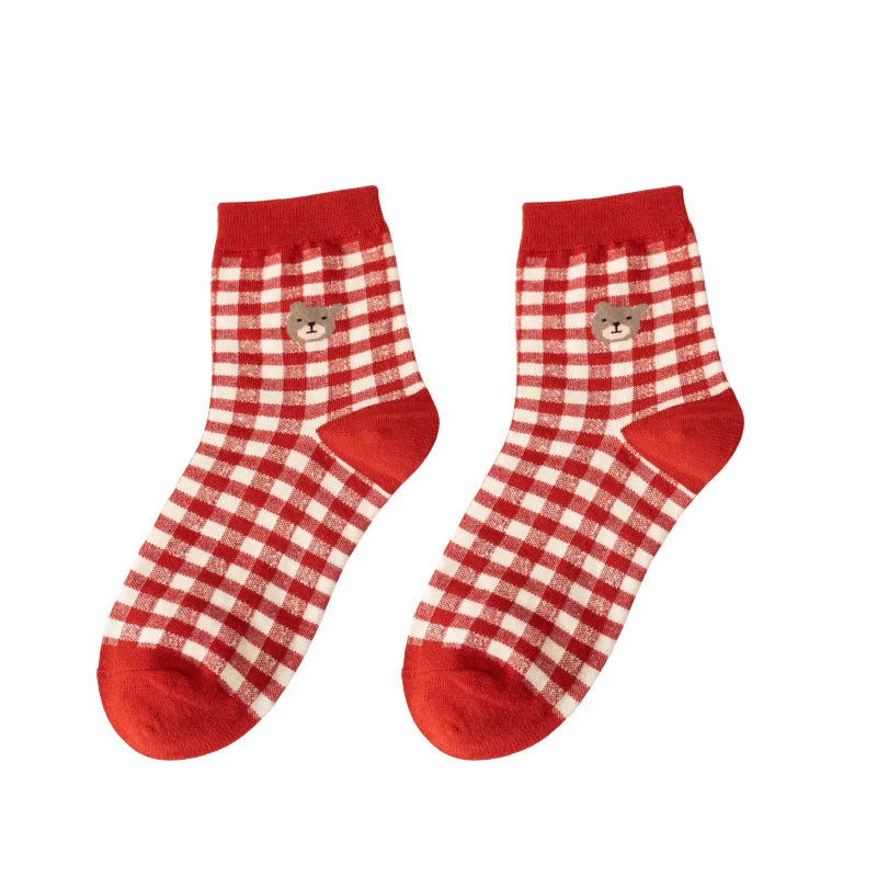 Fluffy Teddy Bear Socks Cream Brown Beige Chequered Print Kawaii Chequered Red Animals - Tophatter Daily Deals