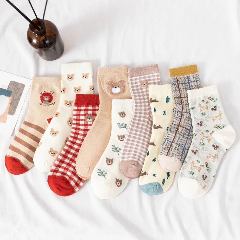 Fluffy Teddy Bear Socks Cream Brown Beige Chequered Print Kawaii Animals - Tophatter Daily Deals