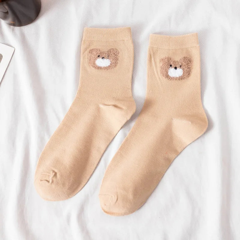 Fluffy Teddy Bear Socks Cream Brown Beige Chequered Print Kawaii Cream Bears Animals - Tophatter Daily Deals