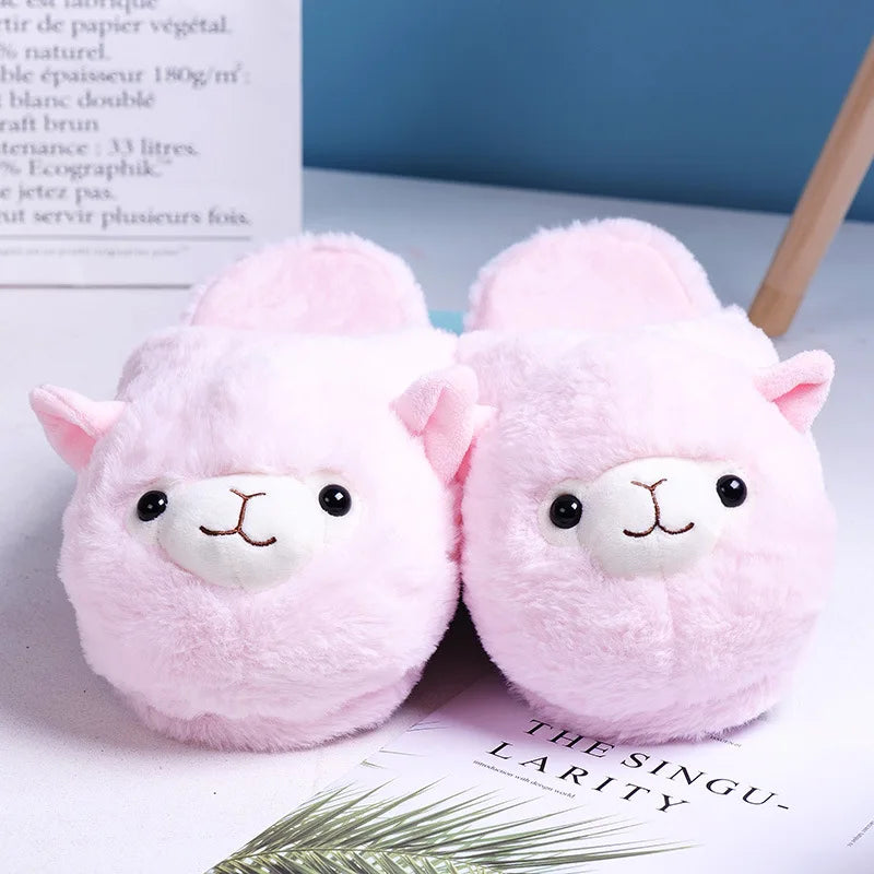 Fuzzy Slippers Plush Warm Shoes Cute Alpaca Cozy Home Slides Pink Brown Multicoloured Pink Animals - Tophatter Daily Deals