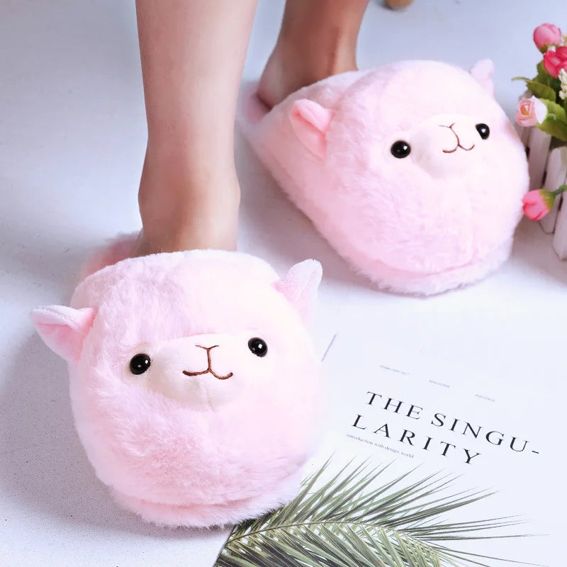 Fuzzy Slippers Plush Warm Shoes Cute Alpaca Cozy Home Slides Pink Brown Multicoloured Animals - Tophatter Daily Deals