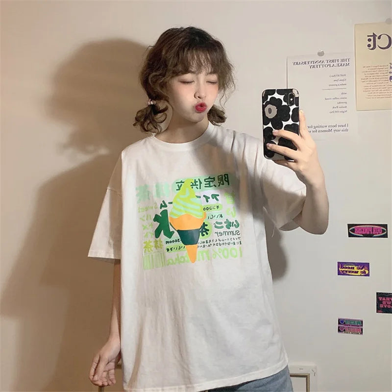 Harajuku Short Sleeve T-shirt Top Japanese Pastel Pink White Ice Cream Food - Tophatter Daily Deals