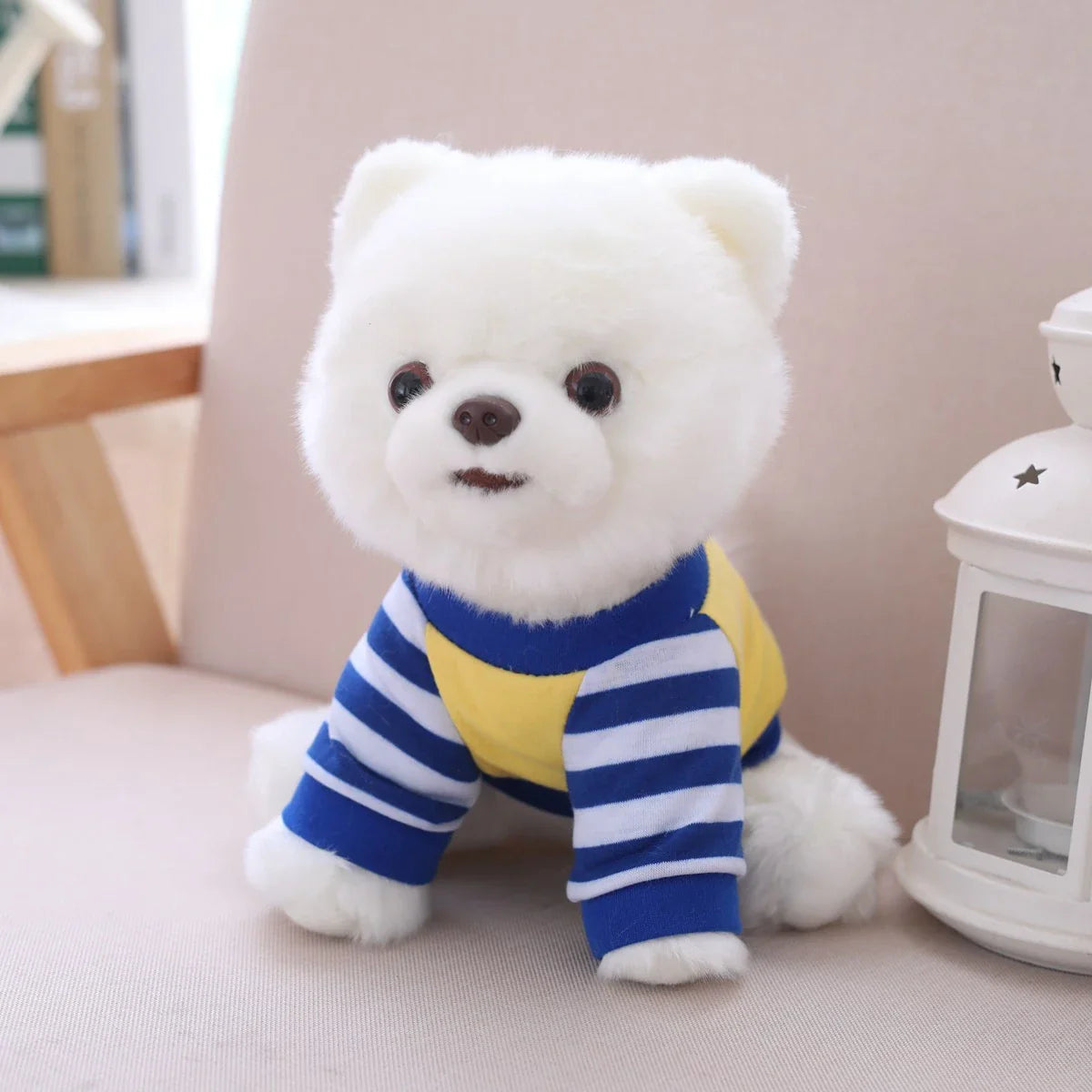White Pomeranian Dog Puppy Wearing Jumper Sweater Plush Blue Yellow Animals - Tophatter Daily Deals