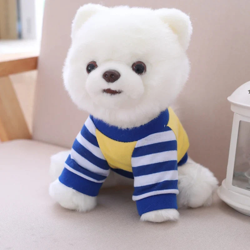 White Pomeranian Dog Puppy Wearing Jumper Sweater Plush Blue Yellow Pomeranian 25cm Animals - Tophatter Daily Deals