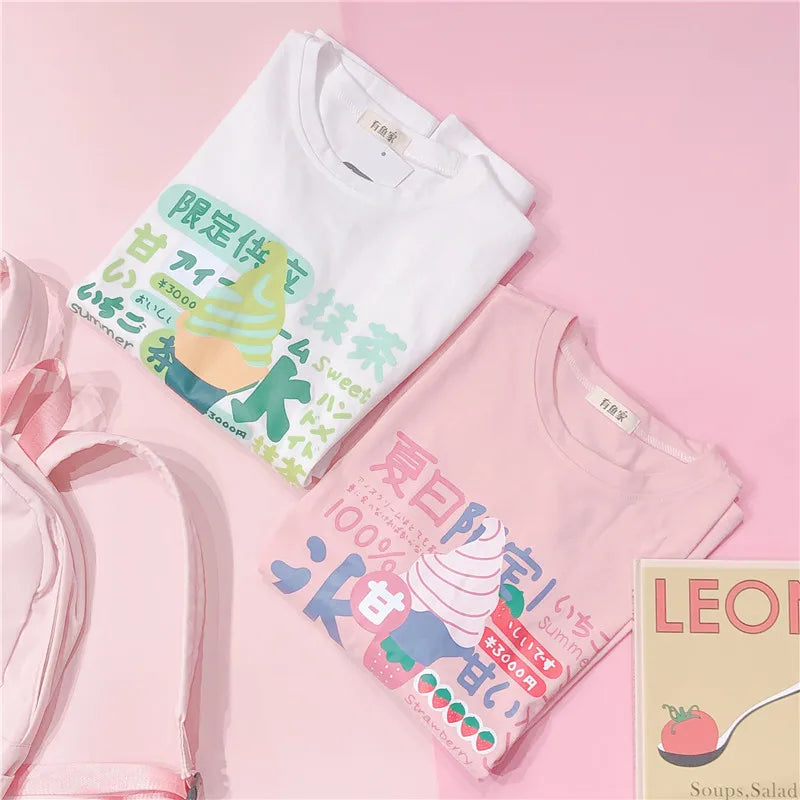 Harajuku Short Sleeve T-shirt Top Japanese Pastel Pink White Ice Cream Food - Tophatter Daily Deals
