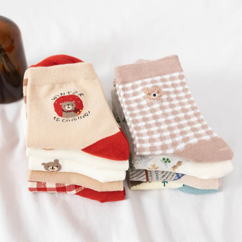Fluffy Teddy Bear Socks Cream Brown Beige Chequered Print Kawaii Animals - Tophatter Daily Deals