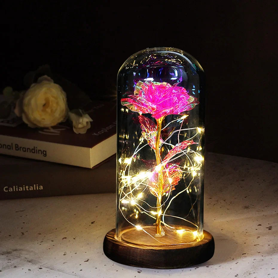 Beauty & The Beast Eternal Red Rose In Glass Dome with LED Lights Flowers - Tophatter Daily Deals