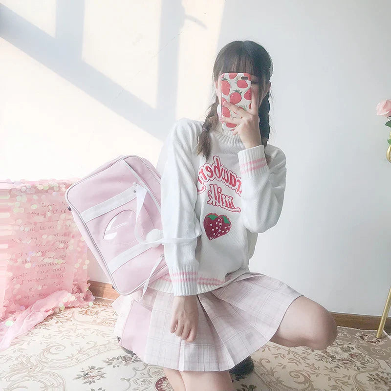 Strawberry Milk Embroidered Sweater Pink White Loose Turtleneck Jumper Top Harajuku Food - Tophatter Daily Deals