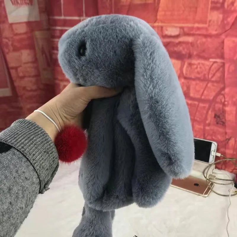 Rabbit Bunny Fur Plush Bag Pink Bows Pearl Strap Gold Hardware Crossbody 30cm Gray Animals - Tophatter Daily Deals