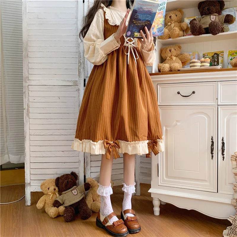 Japanese Autumn Kawaii Lolita Cosplay Dress Sweet Bow Full Sleeve Ruffles Brown Fruit - Tophatter Daily Deals
