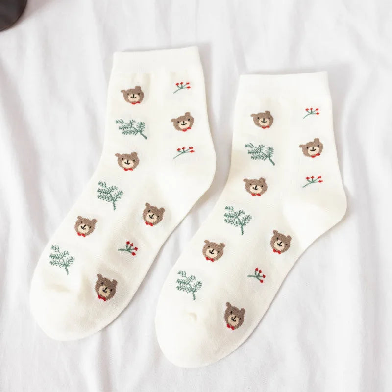 Fluffy Teddy Bear Socks Cream Brown Beige Chequered Print Kawaii Bears x Fern Animals - Tophatter Daily Deals