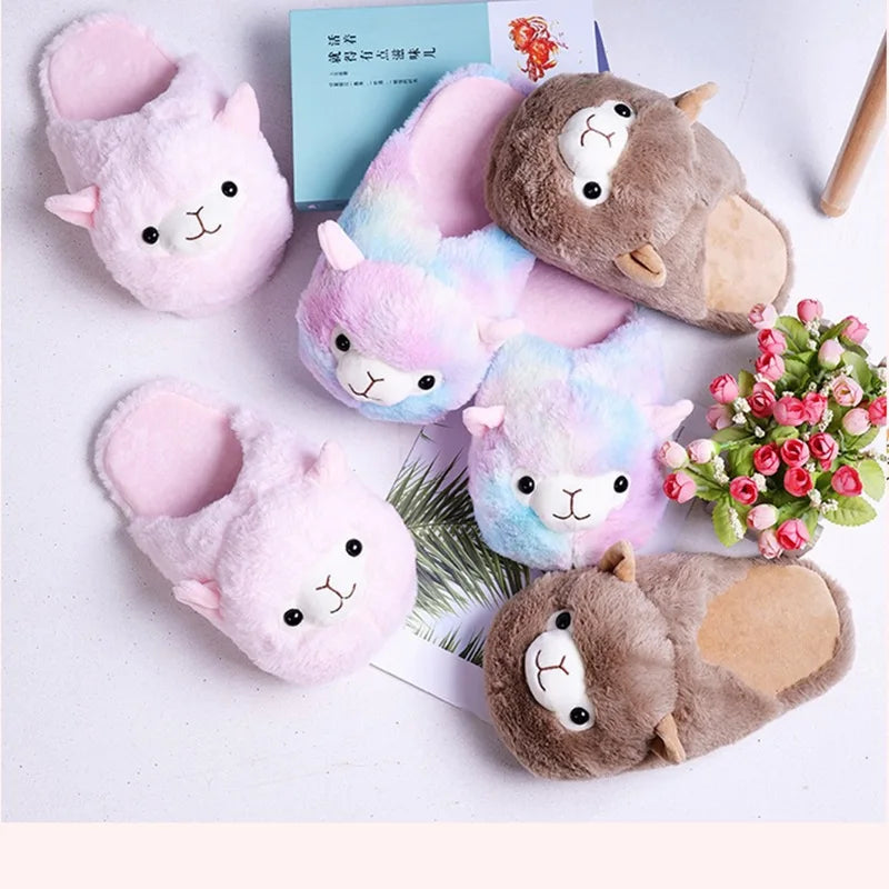 Fuzzy Slippers Plush Warm Shoes Cute Alpaca Cozy Home Slides Pink Brown Multicoloured Animals - Tophatter Daily Deals