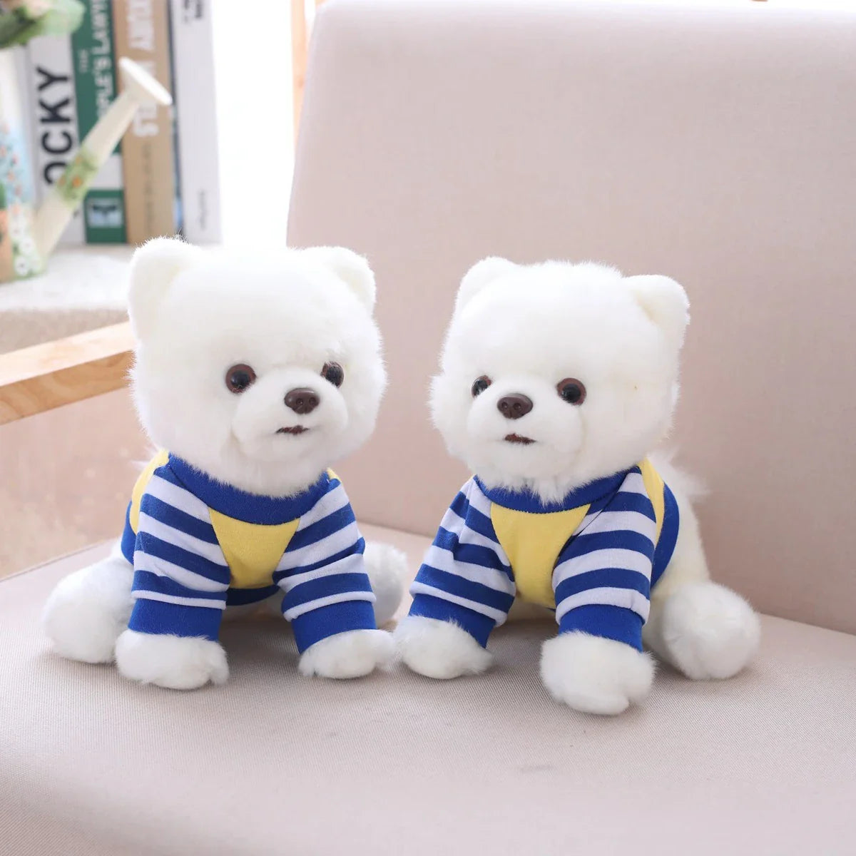 White Pomeranian Dog Puppy Wearing Jumper Sweater Plush Blue Yellow Animals - Tophatter Daily Deals