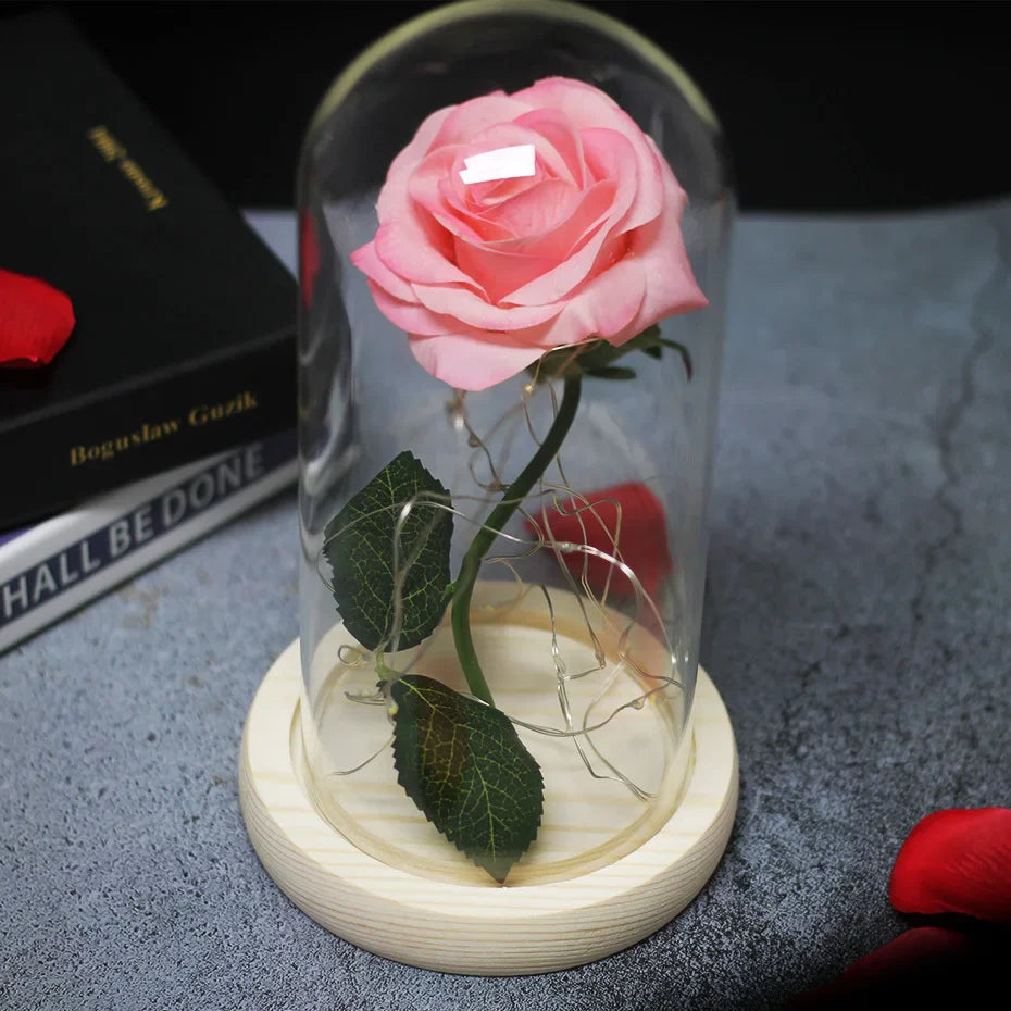 Beauty & The Beast Eternal Red Rose In Glass Dome with LED Lights Flowers - Tophatter Daily Deals
