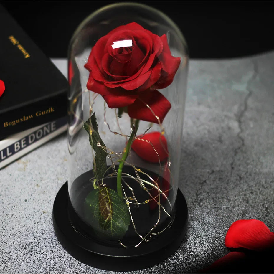 Beauty & The Beast Eternal Red Rose In Glass Dome with LED Lights Flowers - Tophatter Daily Deals