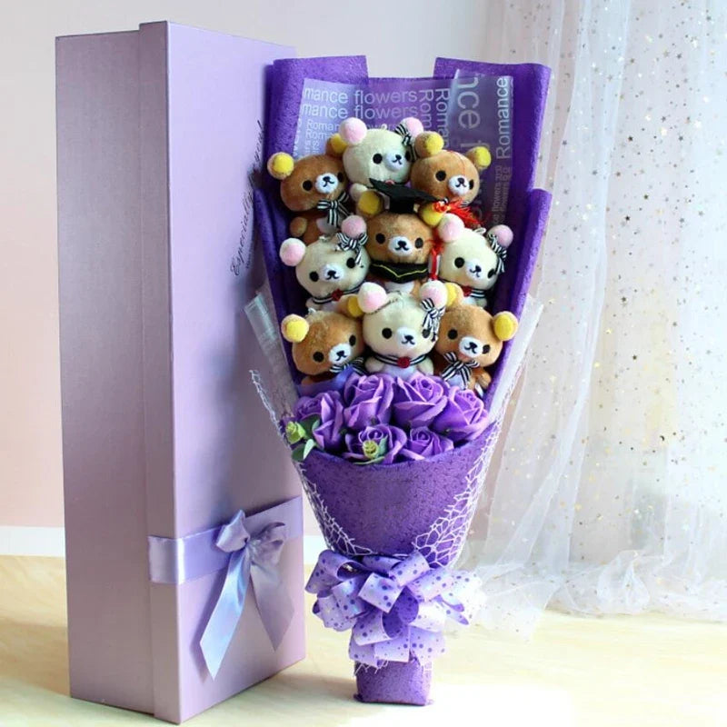 San-X Rilakkuma Korilakkuma Teddy Bear Plush Toy Flower Bouquet Gift Box San-x Rilakkuma & Korilakkuma Graduation - Purple Flowers - Tophatter Daily Deals