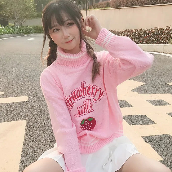 Strawberry Milk Embroidered Sweater Pink White Loose Turtleneck Jumper Top Harajuku Food - Tophatter Daily Deals