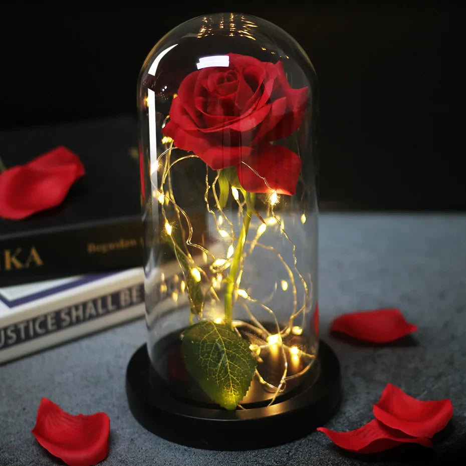 Beauty & The Beast Eternal Red Rose In Glass Dome with LED Lights Flowers - Tophatter Daily Deals