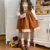 Japanese Autumn Kawaii Lolita Cosplay Dress Sweet Bow Full Sleeve Ruffles Brown Fruit - Tophatter Daily Deals