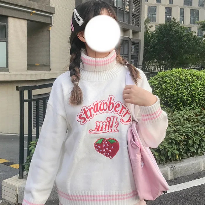 Strawberry Milk Embroidered Sweater Pink White Loose Turtleneck Jumper Top Harajuku Food - Tophatter Daily Deals