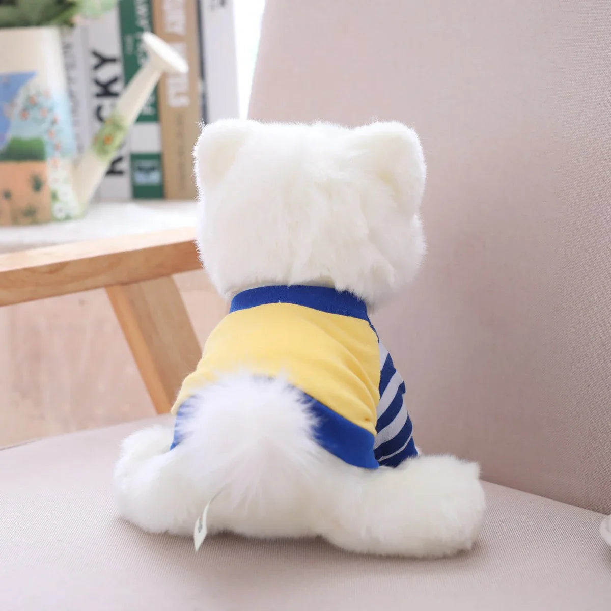 White Pomeranian Dog Puppy Wearing Jumper Sweater Plush Blue Yellow Animals - Tophatter Daily Deals