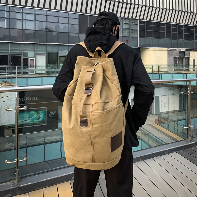 Canvas Travel Backpack with Bucket Design Khaki Backpacks - Tophatter Daily Deals