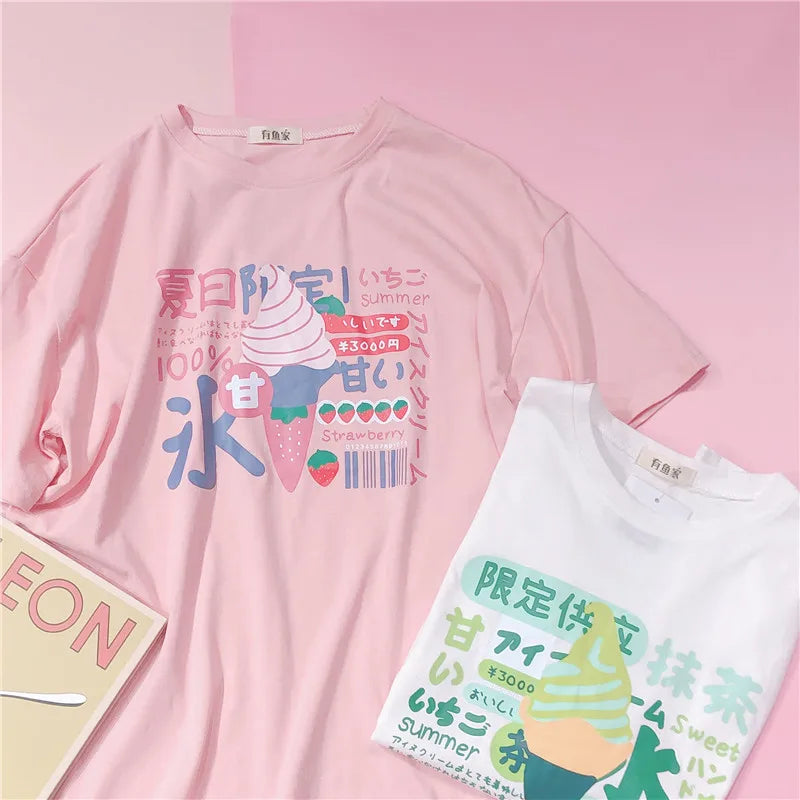 Harajuku Short Sleeve T-shirt Top Japanese Pastel Pink White Ice Cream Food - Tophatter Daily Deals