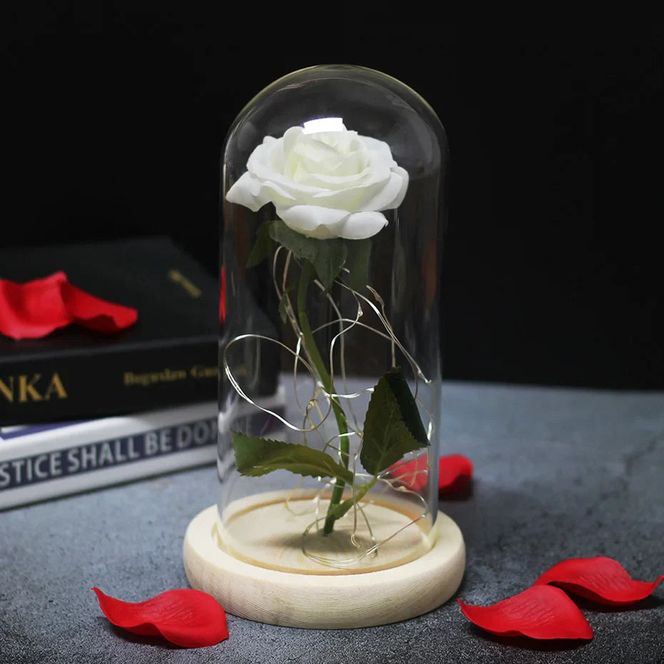 Beauty & The Beast Eternal Red Rose In Glass Dome with LED Lights Flowers - Tophatter Daily Deals