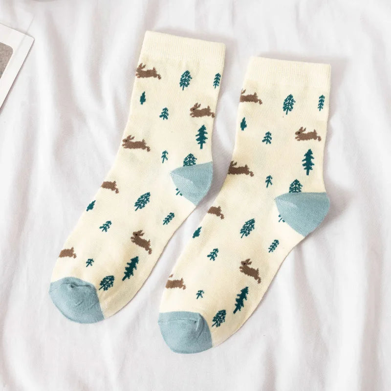 Fluffy Teddy Bear Socks Cream Brown Beige Chequered Print Kawaii Blue x Rabbits Animals - Tophatter Daily Deals