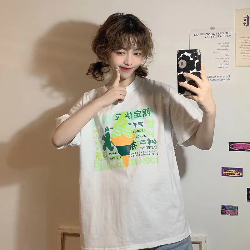 Harajuku Short Sleeve T-shirt Top Japanese Pastel Pink White Ice Cream White One Size Fits Most Food - Tophatter Daily Deals