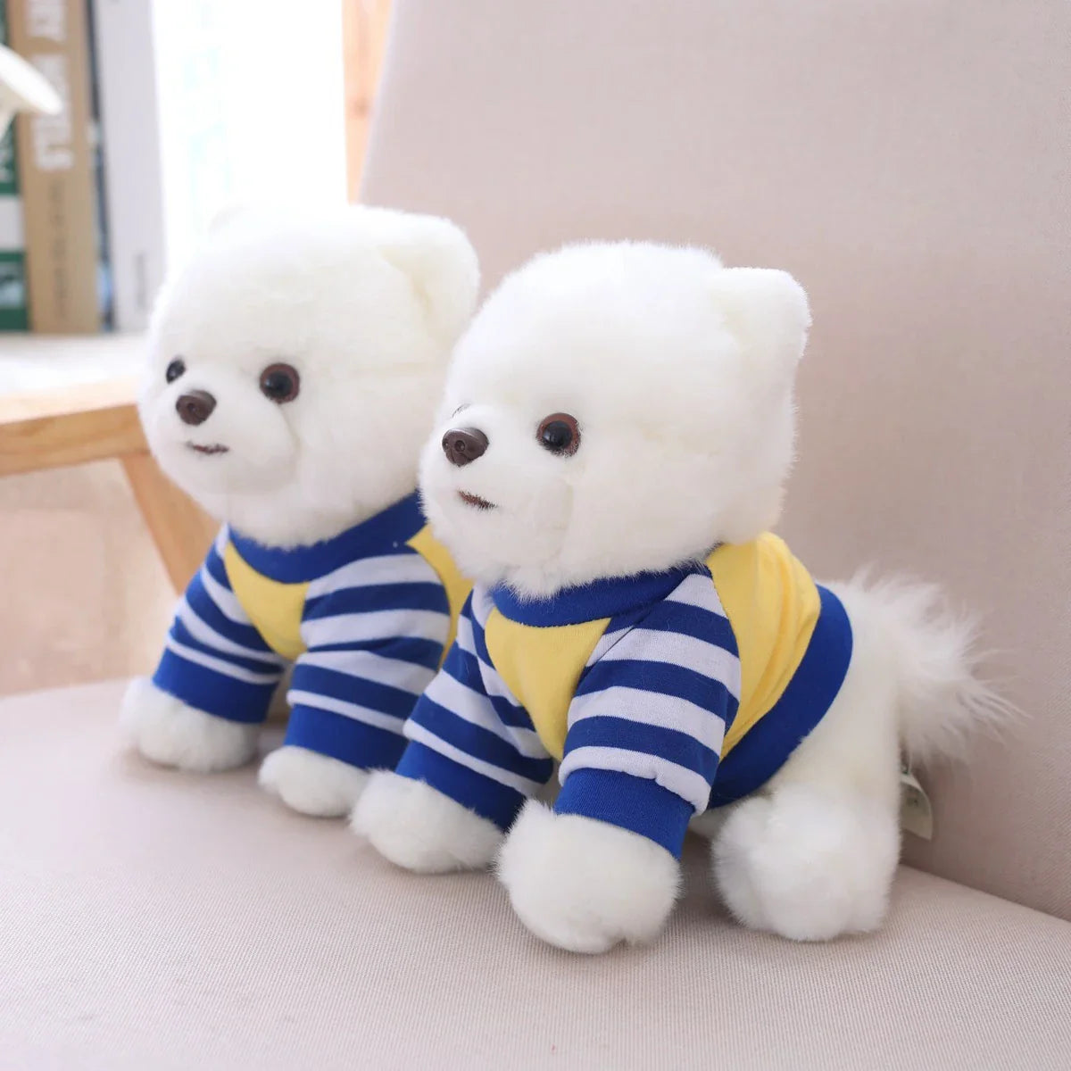 White Pomeranian Dog Puppy Wearing Jumper Sweater Plush Blue Yellow Animals - Tophatter Daily Deals