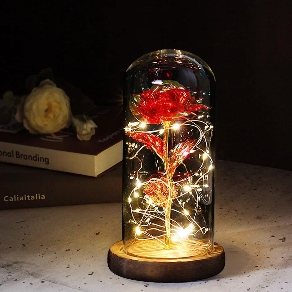 Beauty & The Beast Eternal Red Rose In Glass Dome with LED Lights Flowers - Tophatter Daily Deals