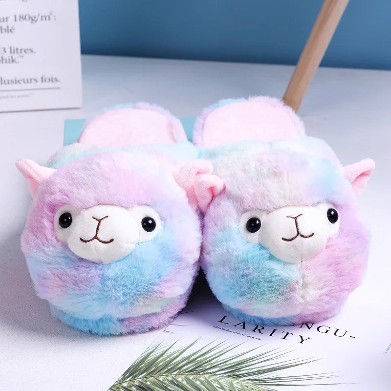 Fuzzy Slippers Plush Warm Shoes Cute Alpaca Cozy Home Slides Pink Brown Multicoloured Animals - Tophatter Daily Deals