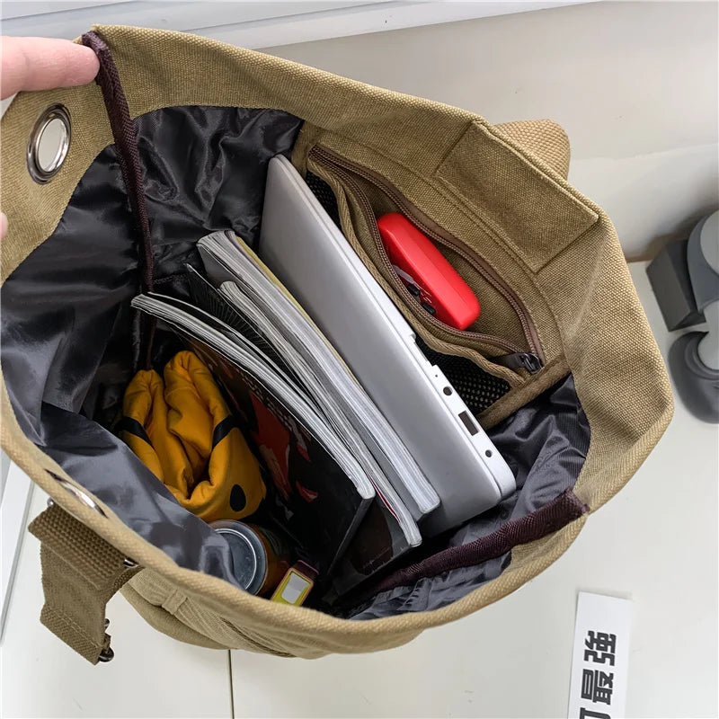 Canvas Travel Backpack with Bucket Design Khaki Backpacks - Tophatter Daily Deals