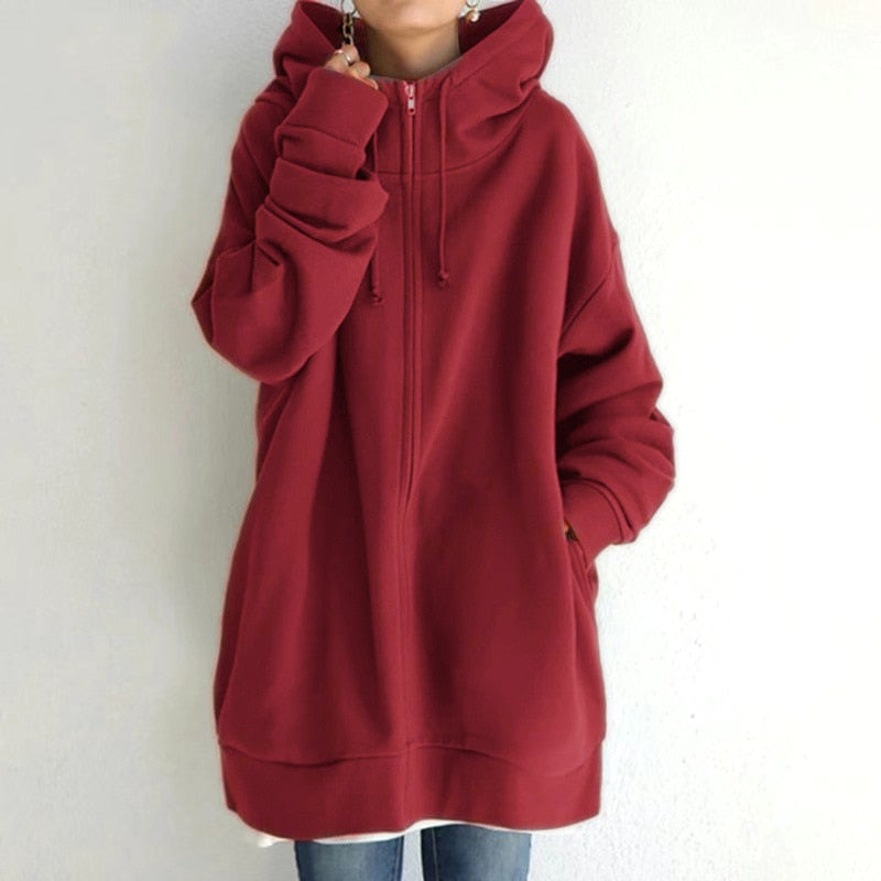 Warm Women Longline Hoodie - Oversized Fleece Layering Red - Tophatter Daily Deals
