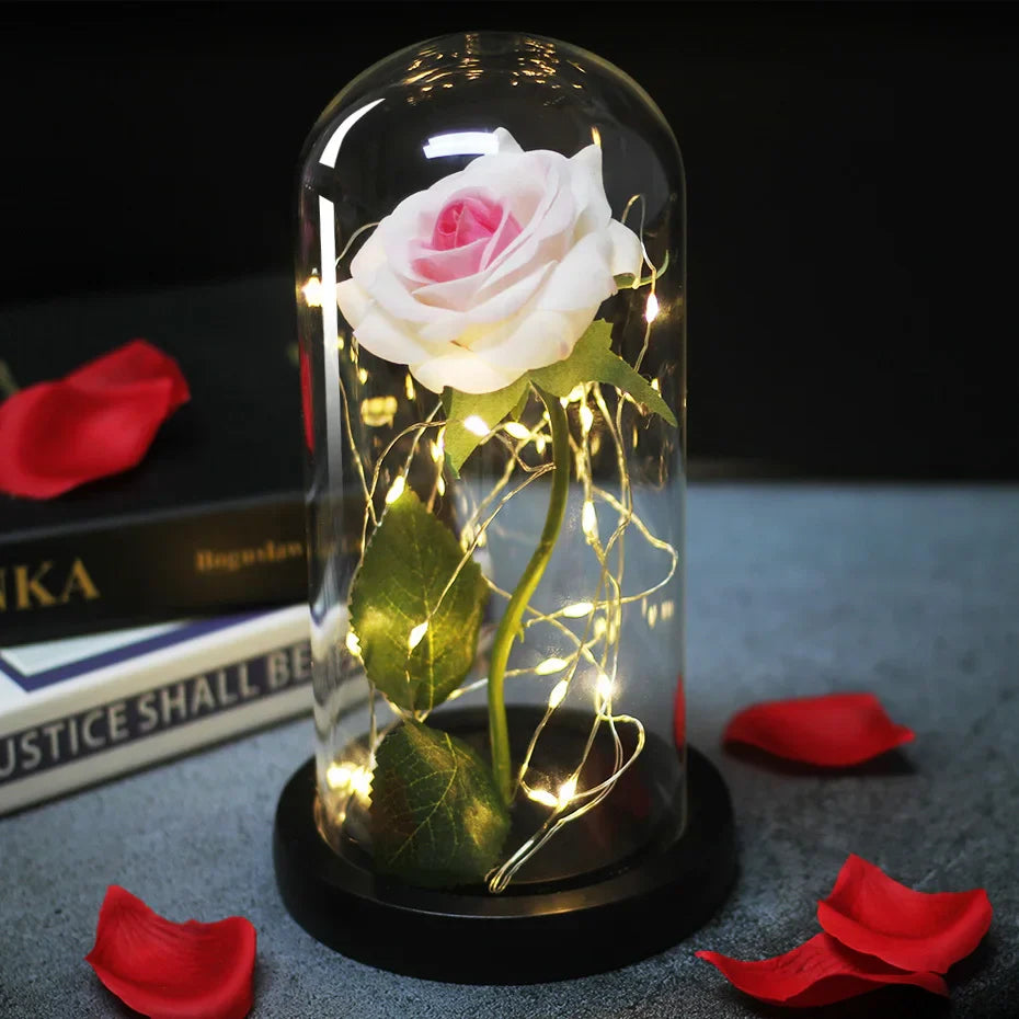 Beauty & The Beast Eternal Red Rose In Glass Dome with LED Lights Flowers - Tophatter Daily Deals
