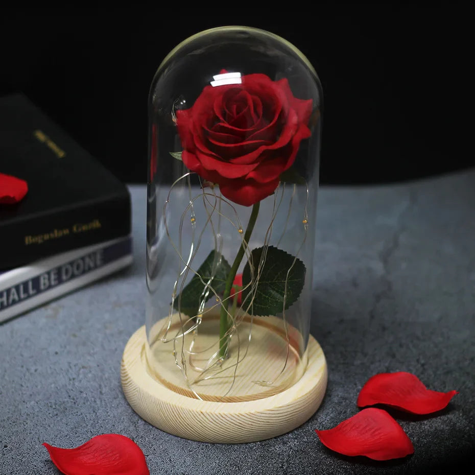 Beauty & The Beast Eternal Red Rose In Glass Dome with LED Lights Flowers - Tophatter Daily Deals