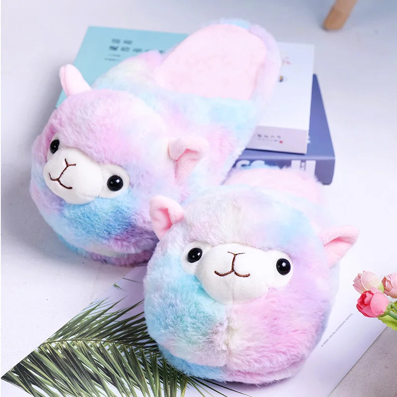 Fuzzy Slippers Plush Warm Shoes Cute Alpaca Cozy Home Slides Pink Brown Multicoloured Animals - Tophatter Daily Deals