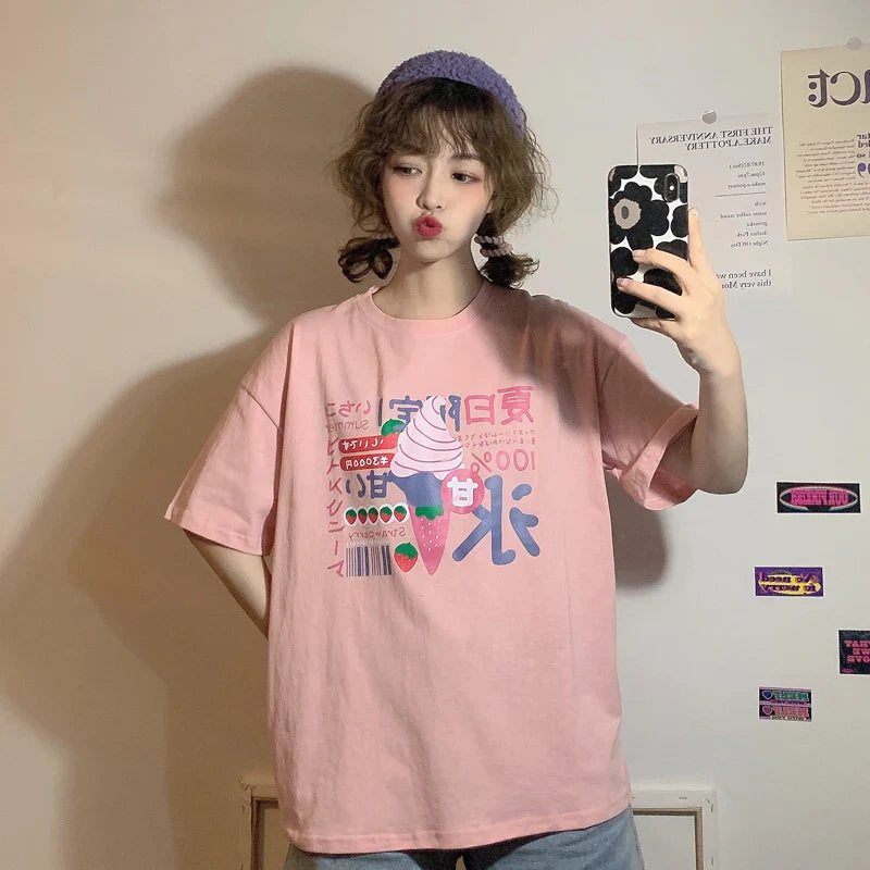 Harajuku Short Sleeve T-shirt Top Japanese Pastel Pink White Ice Cream Food - Tophatter Daily Deals