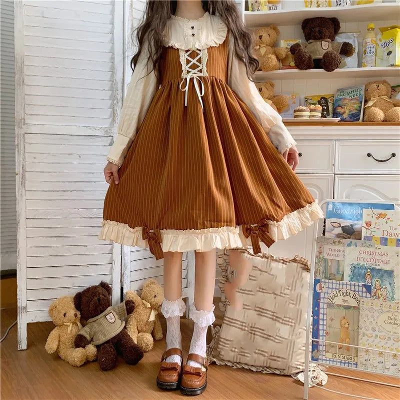 Japanese Autumn Kawaii Lolita Cosplay Dress Sweet Bow Full Sleeve Ruffles Brown Fruit - Tophatter Daily Deals