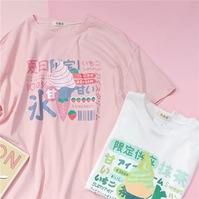 Harajuku Short Sleeve T-shirt Top Japanese Pastel Pink White Ice Cream Food - Tophatter Daily Deals