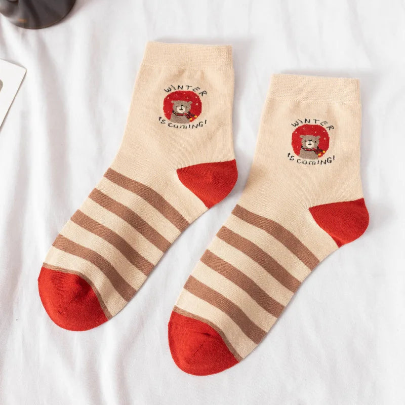 Fluffy Teddy Bear Socks Cream Brown Beige Chequered Print Kawaii Red Striped Bears Animals - Tophatter Daily Deals